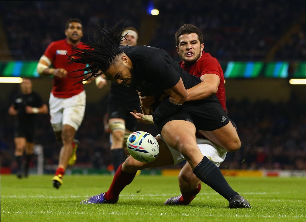 CARDIFF, WALES - OCTOBER 17: Ma'a Nonu of the New Zealand All Blacks drops the ball close to the try line during the 2015 Rugby World Cup Quarter Final match between New Zealand and France at the Millennium Stadium on October 17, 2015 in Cardiff, United Kingdom. (Photo by Michael Steele/Getty Images)