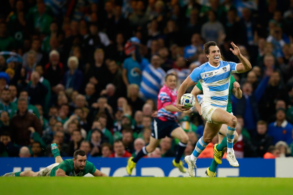 CARDIFF, WALES - OCTOBER 18: Juan Imhoff of Argentina celebrates as he runs to try line to score his team's fourth try during the 2015 Rugby World Cup Quarter Final match between Ireland and Argentina at the Millennium Stadium on October 18, 2015 in Cardiff, United Kingdom. (Photo by Phil Walter/Getty Images)