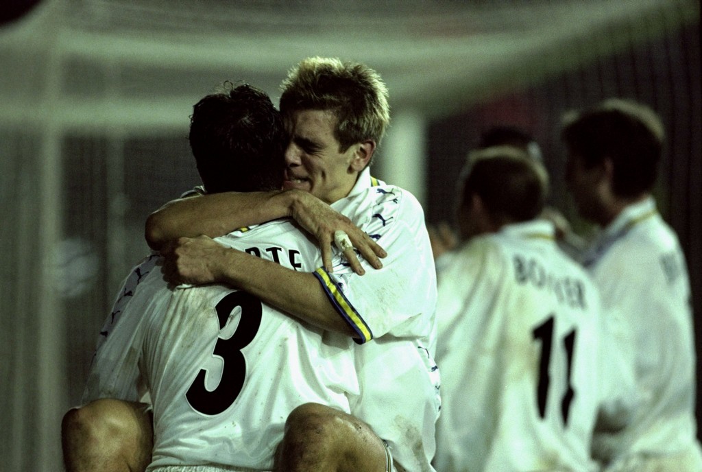 9 Dec 1999: Jonathan Woodgate and Ian Harte of Leeds celebrate Radebe's late goal during the UEFA Cup Third Round Second Leg match against Spartak Moscow played at Elland Road in Leeds, England. The game finished in a 1-0 win for Leeds and saw them progress to the next round via the away goals route. Mandatory Credit: Mark Thompson /Allsport