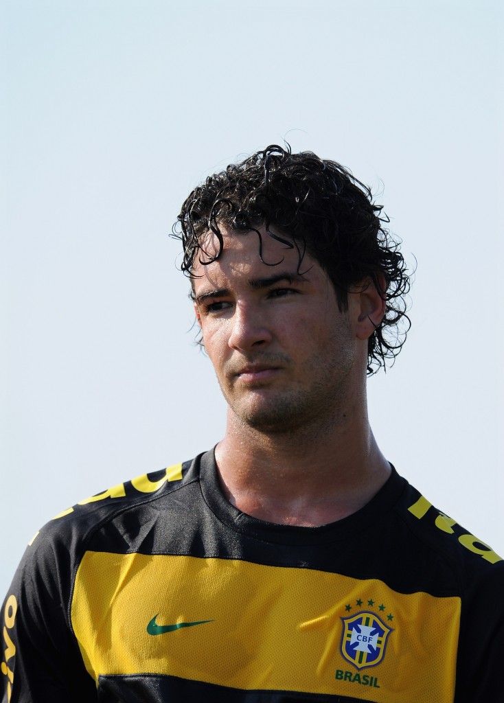 BARCELONA, SPAIN - SEPTEMBER 03: Alexandre Pato (L) of Brazil watches on during a training session at the Joan Gamper training ground on September 3, 2010 in Barcelona, Spain. (Photo by Jasper Juinen/Getty Images)