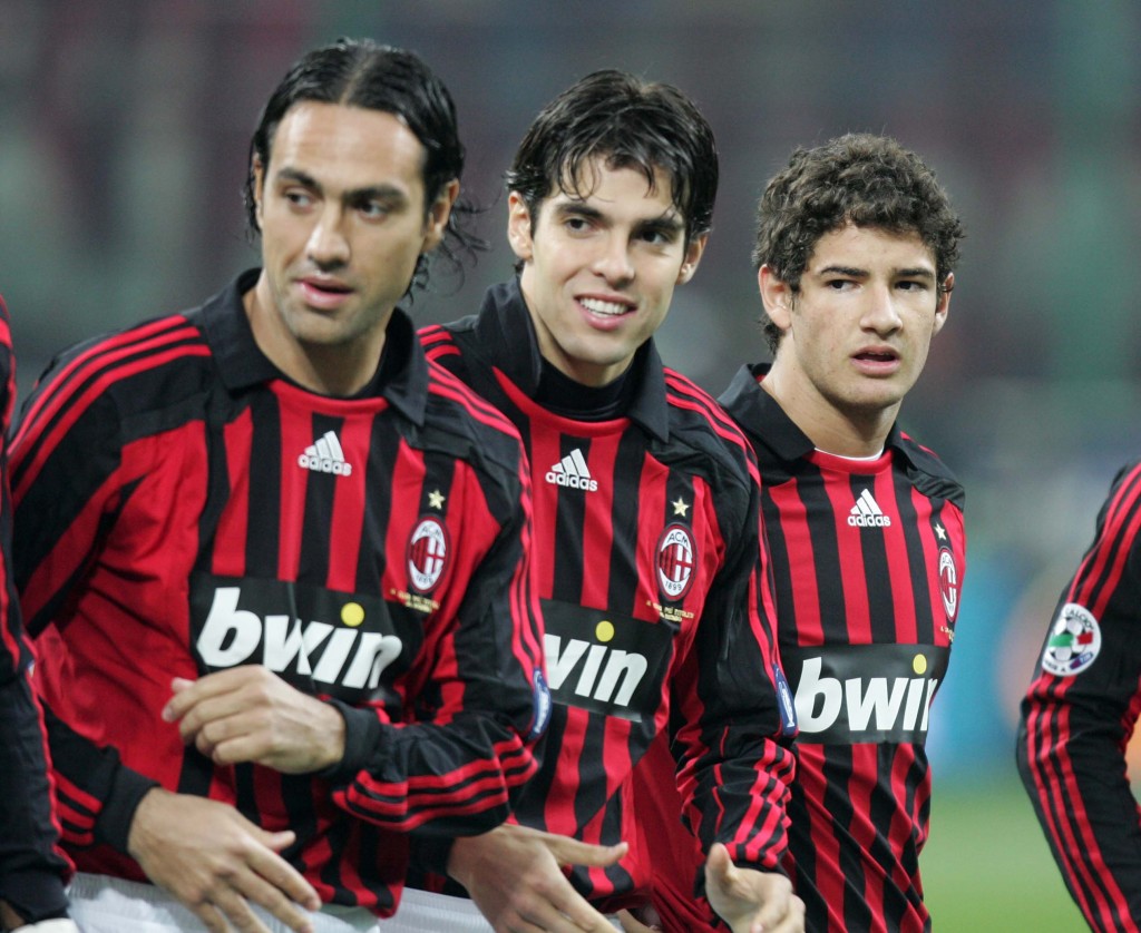 MILAN, ITALY - JANUARY 13: Nesta, Kaka and Pato of Milan line up during the Serie A match between AC Milan and Napoli at the San Siro on January 13, 2008 in Milan Italy. (Photo by Newpress/Getty Images)