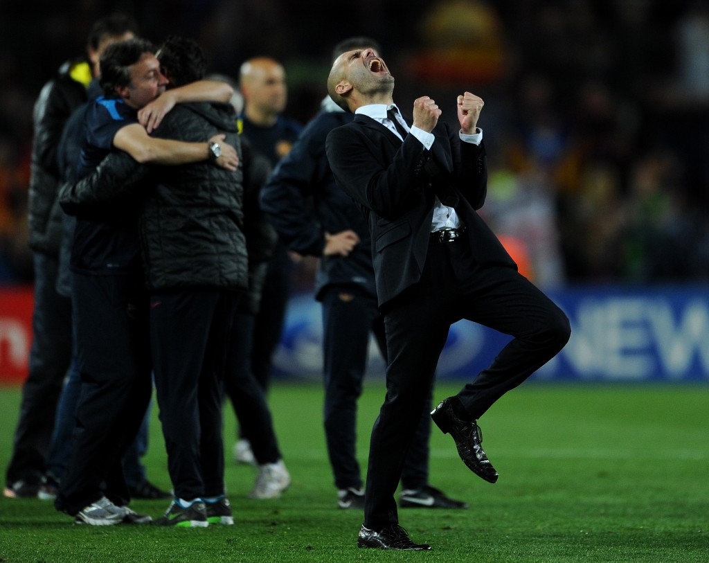 BARCELONA, SPAIN - MAY 03: Head coach Josep Guardiola of Barcelona celebrates at the end of the UEFA Champions League Semi Final second leg match between Barcelona and Real Madrid at the Camp Nou stadium on May 3, 2011 in Barcelona, Spain. (Photo by Jasper Juinen/Getty Images)