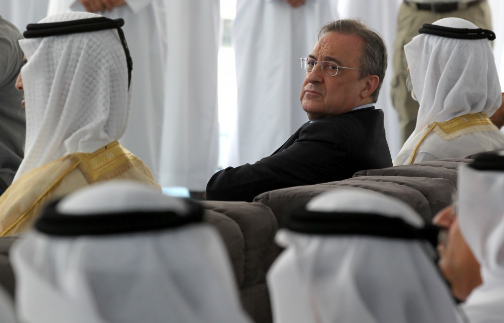 Real Madrid president Florentino Perez attends a conference to unveil a one-billion-dollar Real Madrid Resort theme park on a man-made island in Ras al-Khaimah in the United Arab Emirates on March 29, 2012. Executives unveiled plans for the "Real Madrid Resort Island", featuring an oceanside stadium and hi-tech club museum in the Gulf emirate, on the doorstep of the lucrative football-mad Asian market. AFP PHOTO/KARIM SAHIB (Photo credit should read KARIM SAHIB/AFP/Getty Images)