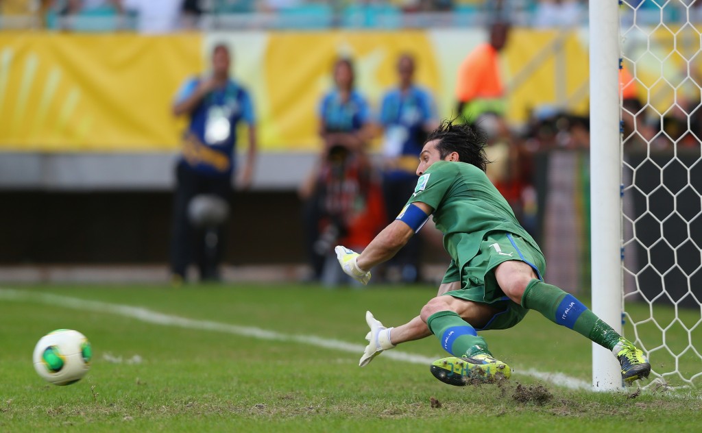 during a shootout during the FIFA Confederations Cup Brazil 2013 3rd Place match between Uruguay and Italy at Estadio Octavio Mangabeira (Arena Fonte Nova Salvador) on June 30, 2013 in Salvador, Brazil. (Photo by Clive Rose/Getty Images)