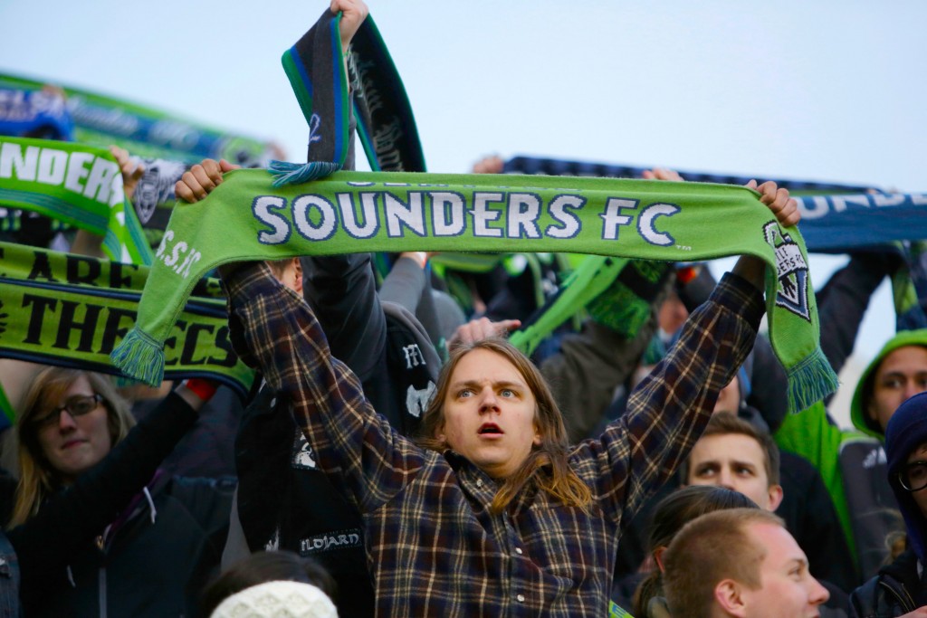 BRIDGEVIEW, IL - APRIL 28:  Seattle Sounders FC fans while playing the Chicago Fire in the first half of their MLS match at Toyota Park on April 28, 2012 in Bridgeview, Illinois. (Photo by John Gress/Getty Images)