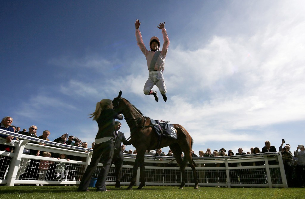 EPSOM, ENGLAND - APRIL 20: Frankie Dettori celebrates after riding So Mi Dar to win The Investec Derby Trial at Epsom racecourse on April 20, 2016 in Epsom, England. (Photo by Alan Crowhurst/Getty Images)