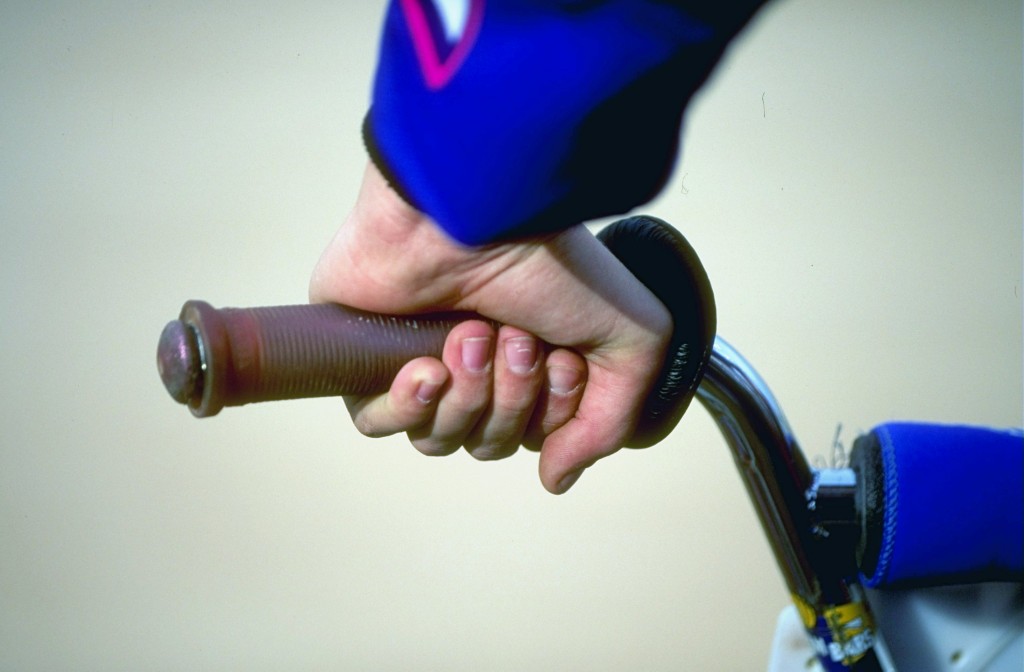 24 Oct 1998: General view of a competitor gripping the handle during the NBL BMX Championships at the Nellis Track in Las Vegas, Nevada. Mandatory Credit: Donald Miralle /Allsport