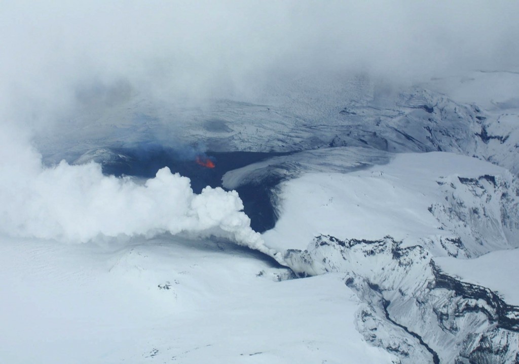 Lava spews out of a mountain on March 21