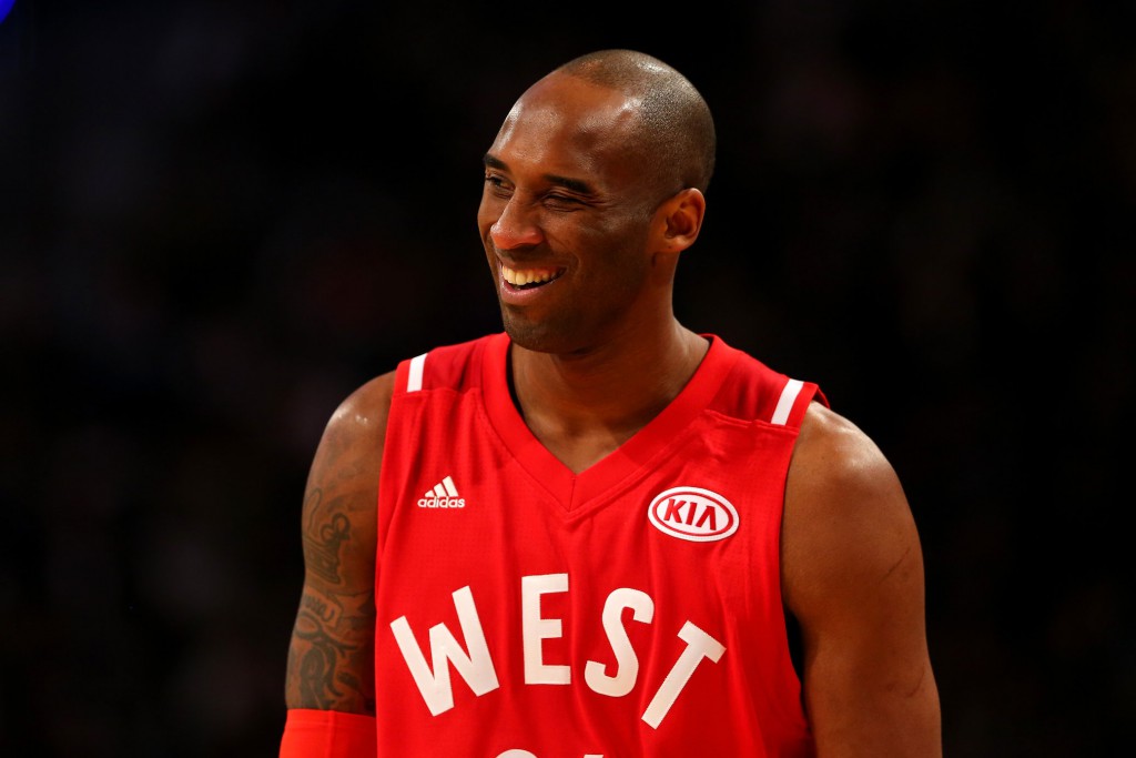 TORONTO, ON - FEBRUARY 14: Kobe Bryant #24 of the Los Angeles Lakers and the Western Conference smiles in the first half against the Eastern Conference during the NBA All-Star Game 2016 at the Air Canada Centre on February 14, 2016 in Toronto, Ontario. NOTE TO USER: User expressly acknowledges and agrees that, by downloading and/or using this Photograph, user is consenting to the terms and conditions of the Getty Images License Agreement. (Photo by Elsa/Getty Images)