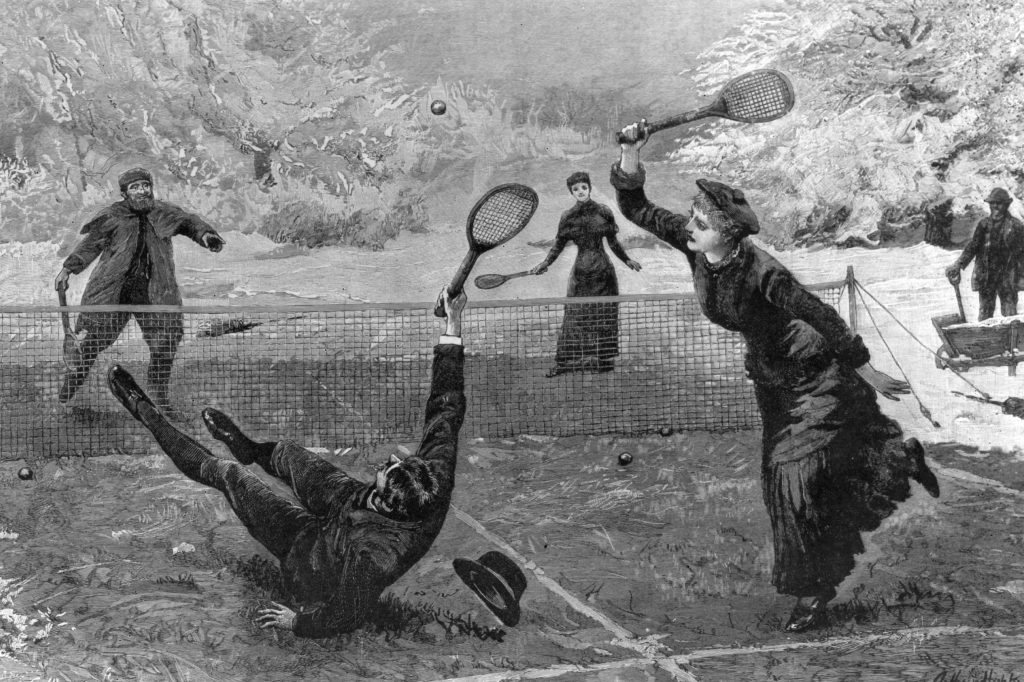 1884: 'Tennis in the Snow' by Arthur Hopkins. A man slipping and falling during a mixed doubles match in the snow. Original Publication: The Graphic (Photo by Rischgitz/Getty Images)