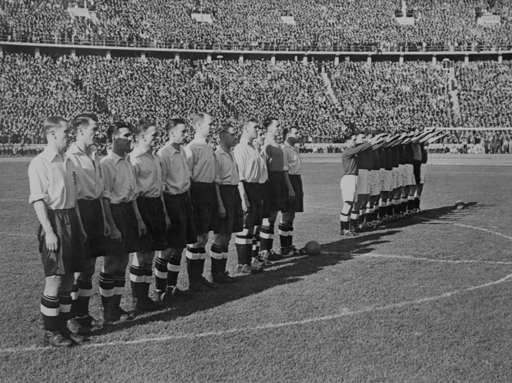 15th May 1938: The England (left) and German football teams before kick off in Berlin. (Photo by Keystone/Getty Images)