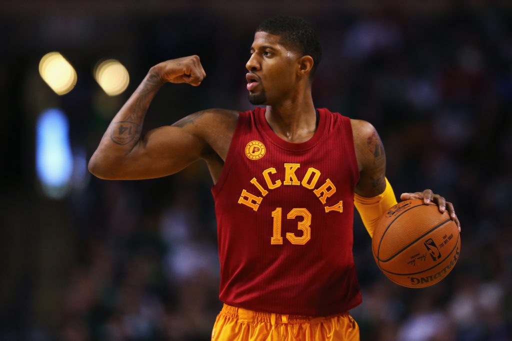 BOSTON, MA - JANUARY 13: Paul George #13 of the Indiana Pacers carries the ball down court during the third quarter against the Boston Celtics at TD Garden on January 13, 2016 in Boston, Massachusetts. NOTE TO USER: User expressly acknowledges and agrees that, by downloading and/or using this photograph, user is consenting to the terms and conditions of the Getty Images License Agreement. (Photo by Maddie Meyer/Getty Images)