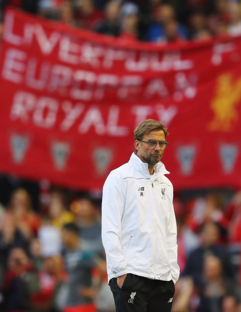 LIVERPOOL, UNITED KINGDOM - MAY 05: Jurgen Klopp manager of Liverpool looks on prior to the UEFA Europa League semi final second leg match between Liverpool and Villarreal CF at Anfield on May 5, 2016 in Liverpool, England. (Photo by Richard Heathcote/Getty Images)