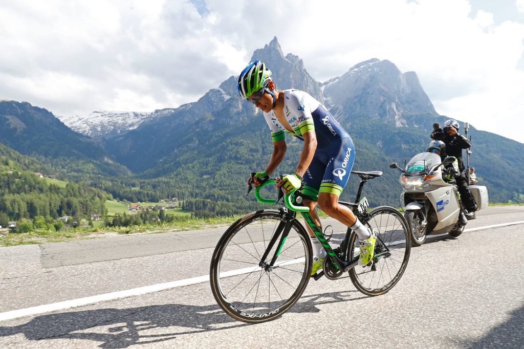 Colombian Esteban Chaves of team Orica competes during the 15th stage of the 99th Giro d'Italia, Tour of Italy, an uphill individual time trial between Castelrotto and Alpe di Siusi on May 22, 2016. AFP PHOTO / LUK BENIES / AFP / LUK BENIES (Photo credit should read LUK BENIES/AFP/Getty Images)