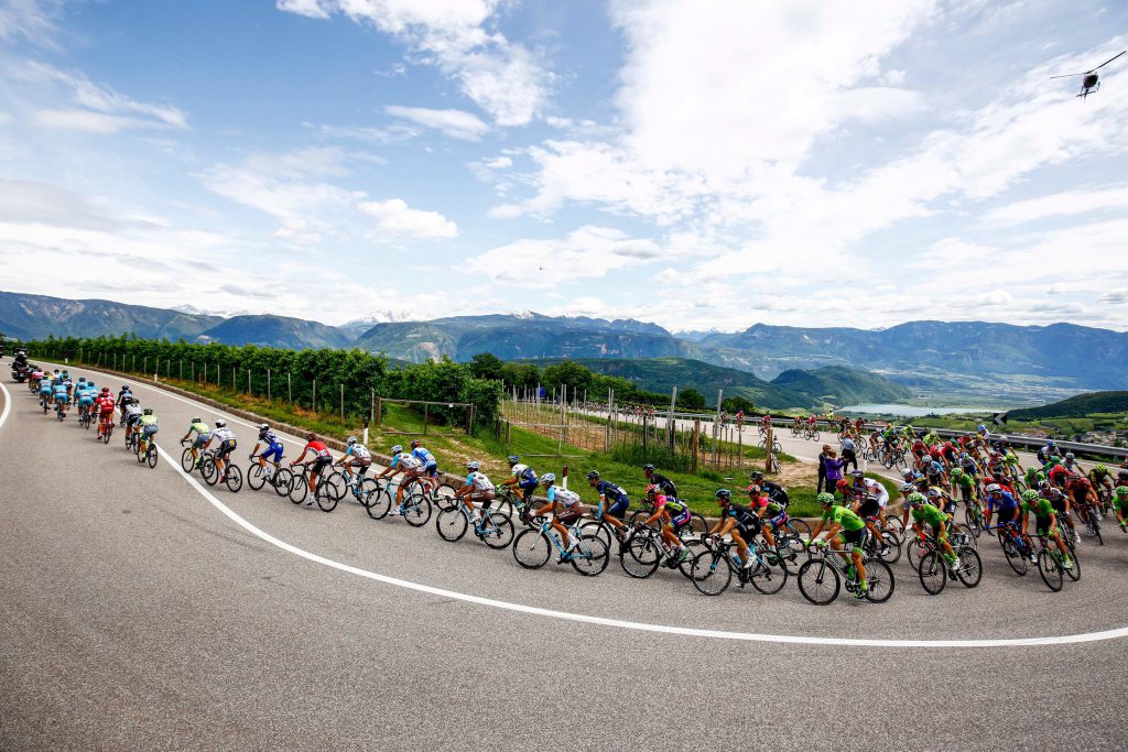 The peloton rides during the 16th stage of the 99th Giro d'Italia, Tour of Italy, from Bressanone / Brixen to Andalo on May 24, 2016. Dutchman Steven Kruijswijk moved closer to a history-making Giro d'Italia triumph Tuesday after stretching his lead over Esteban Chaves and Vincenzo Nibali in a thrilling 16th stage won by Alejandro Valverde. / AFP / LUK BENIES (Photo credit should read LUK BENIES/AFP/Getty Images)