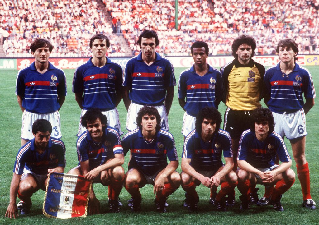 Picture taken 19 June 1984 in Nantes, western France, of the French national soccer team posing before the start of its European Nations soccer championship match against Yougoslavia.(Top, from L: Jean-Fran?ois Domergue, Patrick Battiston, Maxime Bossis, Jean Tigana, Jo?l Bats, Luis Fernandez; bottom, from L : Alain Giresse, captain Michel Platini, Jean-Marc Ferreri, Dominique Rocheteau, Didier Six) (Photo credit should read PATRICK HERTZOG/AFP/Getty Images)