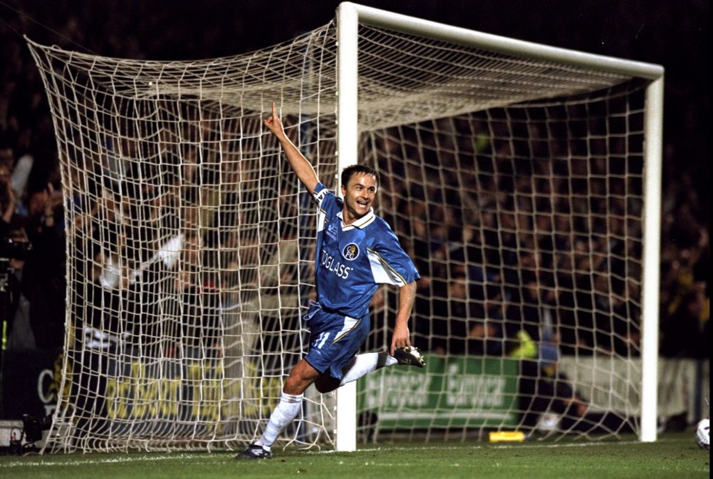 4 Mar 1999: Chelsea captain Dennis Wise celebrates after scoring against Valerenga in the European Cup Winners Cup quarter-final first leg match at Stamford Bridge in London. Chelsea won 3-0. Mandatory Credit: Ross Kinnaird /Allsport