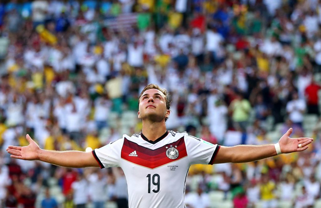 FORTALEZA, BRAZIL - JUNE 21: Mario Goetze of Germany celebrates scoring his team's first goal during the 2014 FIFA World Cup Brazil Group G match between Germany and Ghana at Castelao on June 21, 2014 in Fortaleza, Brazil. (Photo by Martin Rose/Getty Images)