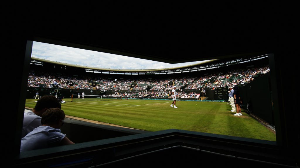 LONDON, ENGLAND - JULY 01: A general view of play on Court Number 1 during the Gentlemens Singles Second Round match between Tommy Haas of Germany and Milos Raonic of Cananda during day three of the Wimbledon Lawn Tennis Championships at the All England Lawn Tennis and Croquet Club on July 1, 2015 in London, England. (Photo by Ian Walton/Getty Images)