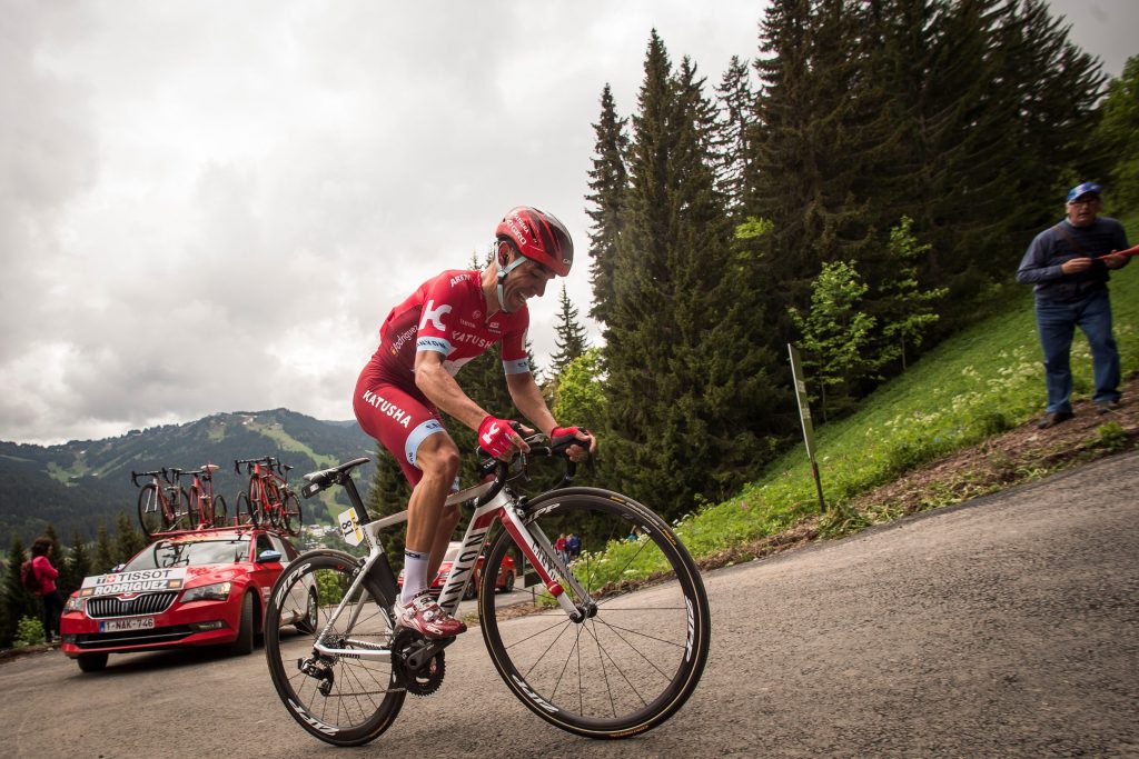 Katusha's Spanish rider Joaquim Rodriguez rides during the first stage (Les Gets - Les Gets) of the 68th edition of the Dauphine Criterium cycling race on June 5, 2016 in Les Gets, French Alps. / AFP / LIONEL BONAVENTURE (Photo credit should read LIONEL BONAVENTURE/AFP/Getty Images)