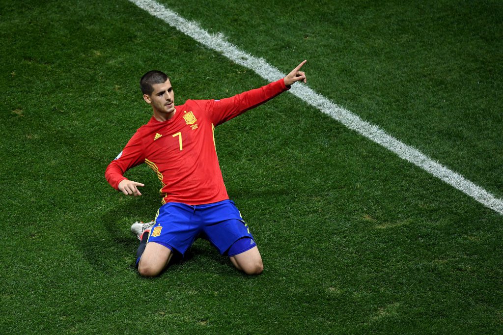 NICE, FRANCE - JUNE 17: Alvaro Morata of Spain celebrates scoring his sides first goal during the UEFA EURO 2016 Group D match between Spain and Turkey at Allianz Riviera Stadium on June 17, 2016 in Nice, France. (Photo by Laurence Griffiths/Getty Images)