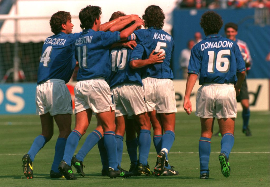 13 Jul 1994: ROBERTO BAGGIO #10 CELEBRATES WITH HIS TEAM MATES AFTER SCORING THE FIRST OF HIS GOALS AGAINST BULGARIA DURING THEIR 1994 WORLD CUP SEMI-FINAL MATCH AT GIANTS STADIUM IN EAST RUTHERFORD, NEW JERSEY.