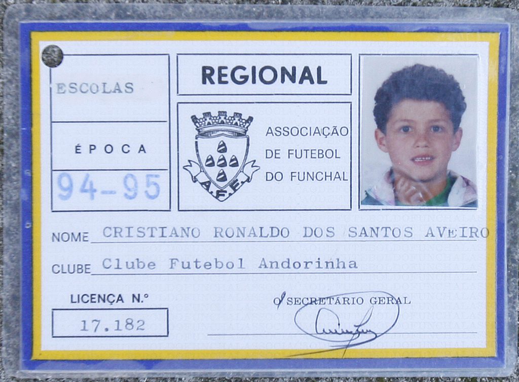 This picture taken on November 16, 2008 shows the ID card of local football association in Funchal of Portuguese footballer Cristiano Ronaldo provided by Andorinha local Football Club on June 26, 2009 when the Portuguese footballer was playing in Andorinha club in 1994-1995. Real Madrid have officially signed Cristiano Ronaldo on a six-year deal, the Spanish giants announced on June 26, 2009 and will officially become a Real Madrid player on July 1. AFP PHOTO/ GREGORIO CUNHA (Photo credit should read GREGORIO CUNHA/AFP/Getty Images)