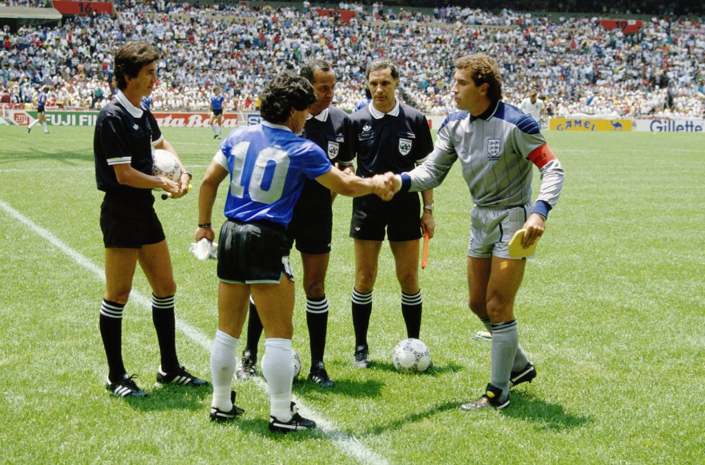 Diego Maradona of Argentina #10 shakes hands with Peter Shilton of England before the 1986 FIFA World Cup Quarter Final on 22 June 1986 at the Azteca Stadium in Mexico City, Mexico. Argentina defeated England 2-1 in the infamous Hand of God game. (Photo by David Cannon/Getty Images)