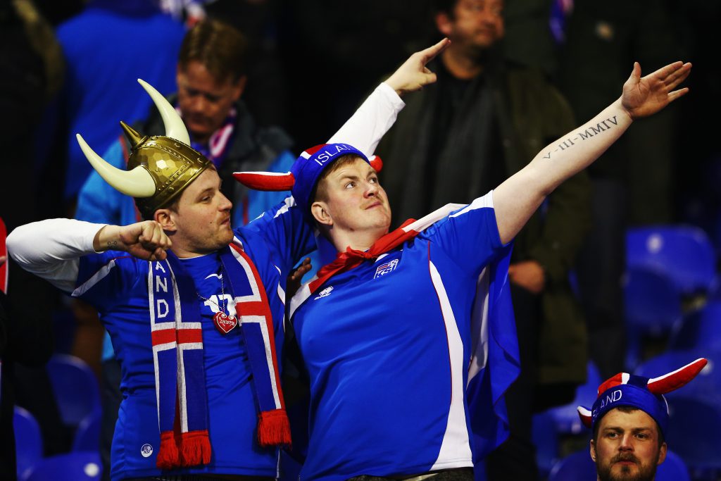 ZAGREB, CROATIA - NOVEMBER 19: Fans of Iceland cheer prior to the FIFA 2014 World Cup Qualifier play-off second leg match between Croatia and Iceland at Maksimir Stadium on November 19, 2013 in Zagreb, Croatia. (Photo by Alex Grimm/Getty Images)