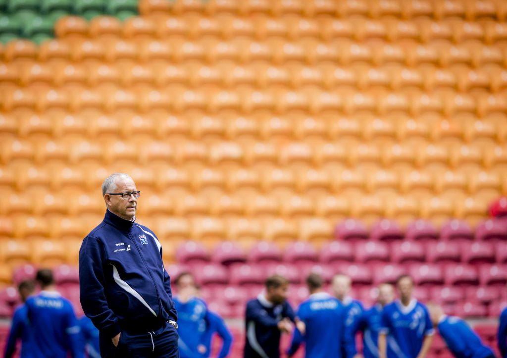 Coach Lars Lagerback of Iceland's national soccer team is pictured during a training session in the Amsterdam Arena, on September 2 2015, in preparation of the EURO 2016 qualifying football match against the Netherlands. AFP PHOTO / ANP / ROBIN VAN LONKHUIJSEN =NETHERLANDS OUT= (Photo credit should read ROBIN VAN LONKHUIJSEN/AFP/Getty Images)