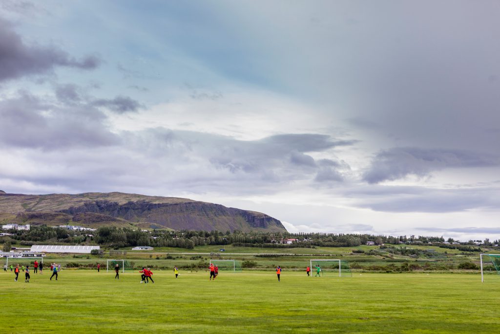 Teenage boys attend a training on June 28, 2016 at the the football club Afturelding in Mosfellsbaer, outside of Reykjavik, where national Iceland's football player Hannes Haldorsson trained as a teenager. / AFP / Karl Petersson (Photo credit should read KARL PETERSSON/AFP/Getty Images)