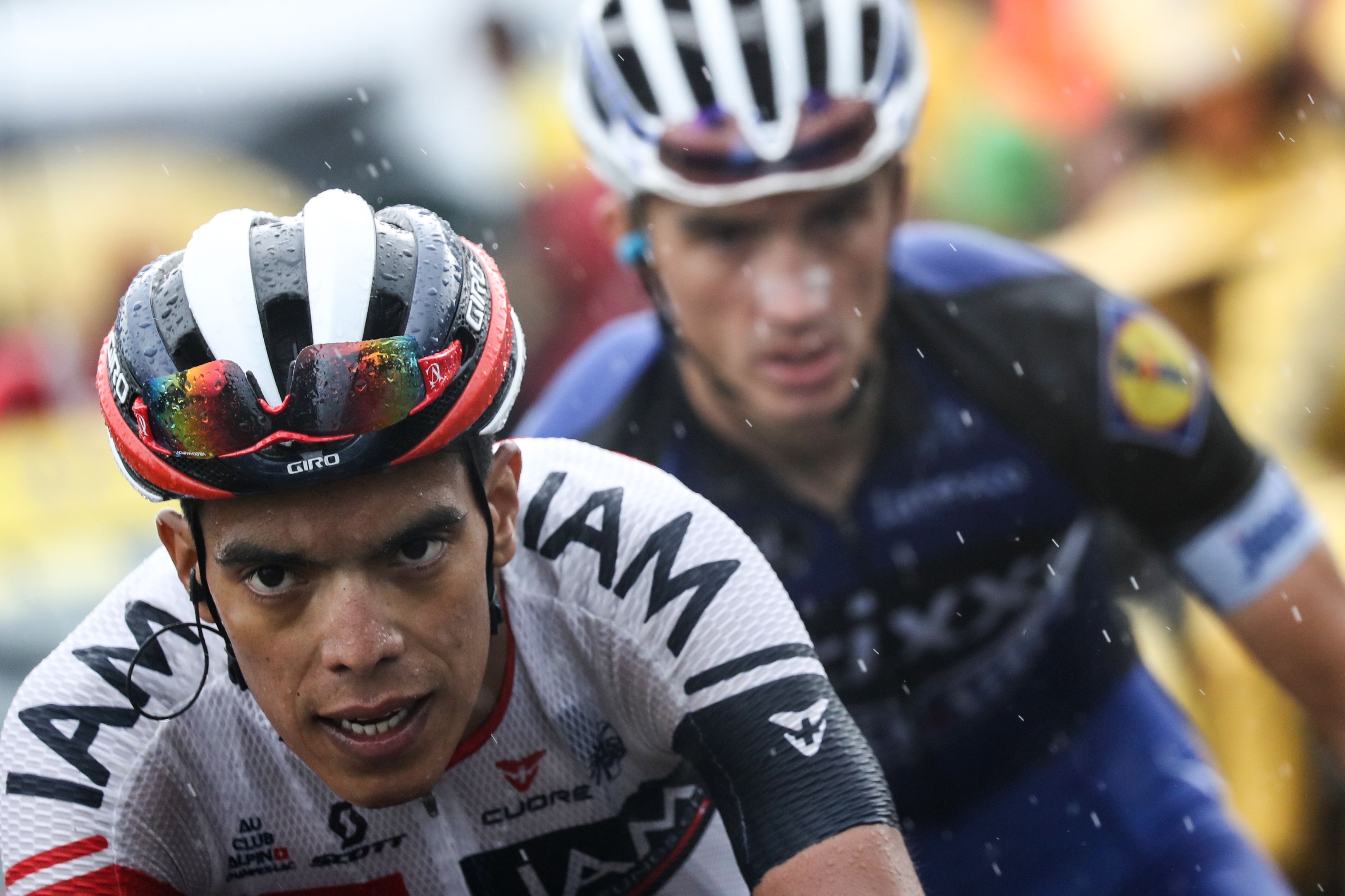 Colombia's Jarlinson Pantano (L) and France's Julian Alaphilippe ride in a breakaway during the 146,5 km twentieth stage of the 103rd edition of the Tour de France cycling race on July 23, 2016 between Megeve and Morzine-Avoriaz, French Alps. / AFP / KENZO TRIBOUILLARD (Photo credit should read KENZO TRIBOUILLARD/AFP/Getty Images)