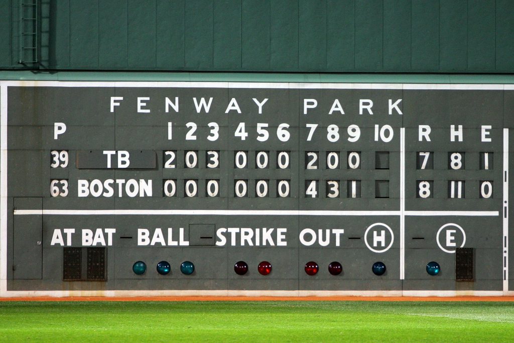 BOSTON - OCTOBER 16: The final scoreboard is seen after the Boston Red Sox defeated the Tampa Bay Rays after game five of the American League Championship Series during the 2008 MLB playoffs at Fenway Park on October 16, 2008 in Boston, Massachusetts. The Red Sox defeated the Rays 8-7 to set the series at 3-2 Rays. (Photo by Jim McIsaac/Getty Images)