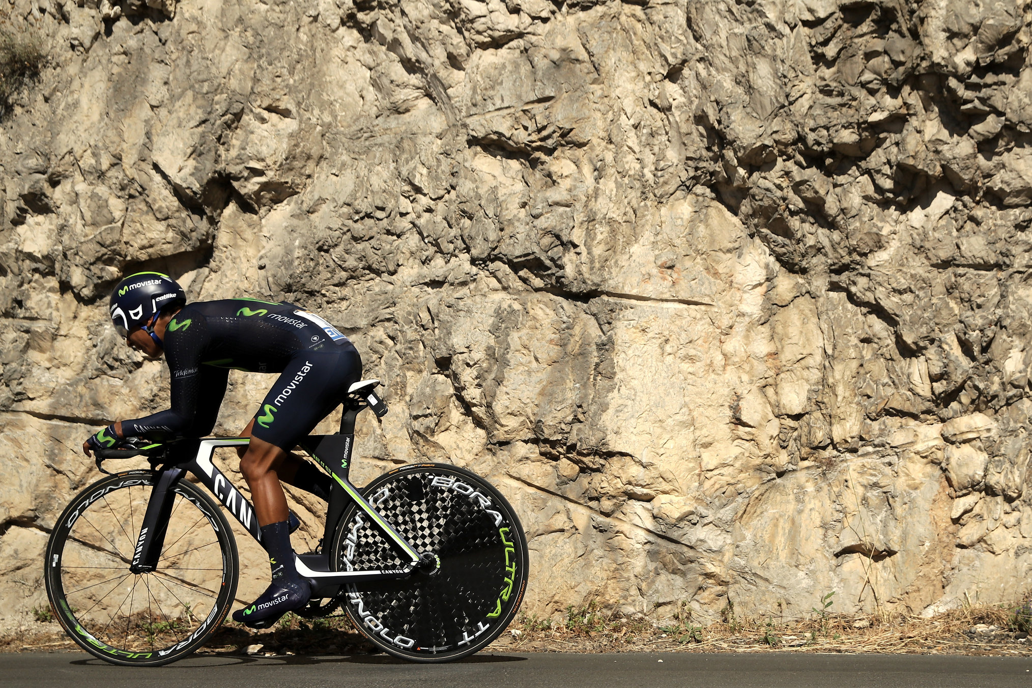 BOURG-SAINT-ANDEOL, FRANCE - JULY 15: Nairo Alexander Quintana of Colombia riding for Movistar Team rides during the stage thirteen individual time trial, a 37.5km stage from Bourg-Saint-Andéol to La Caverne du Pont-d'Arc on July 15, 2016 in Bourg-Saint-Andeol, France. (Photo by Chris Graythen/Getty Images)