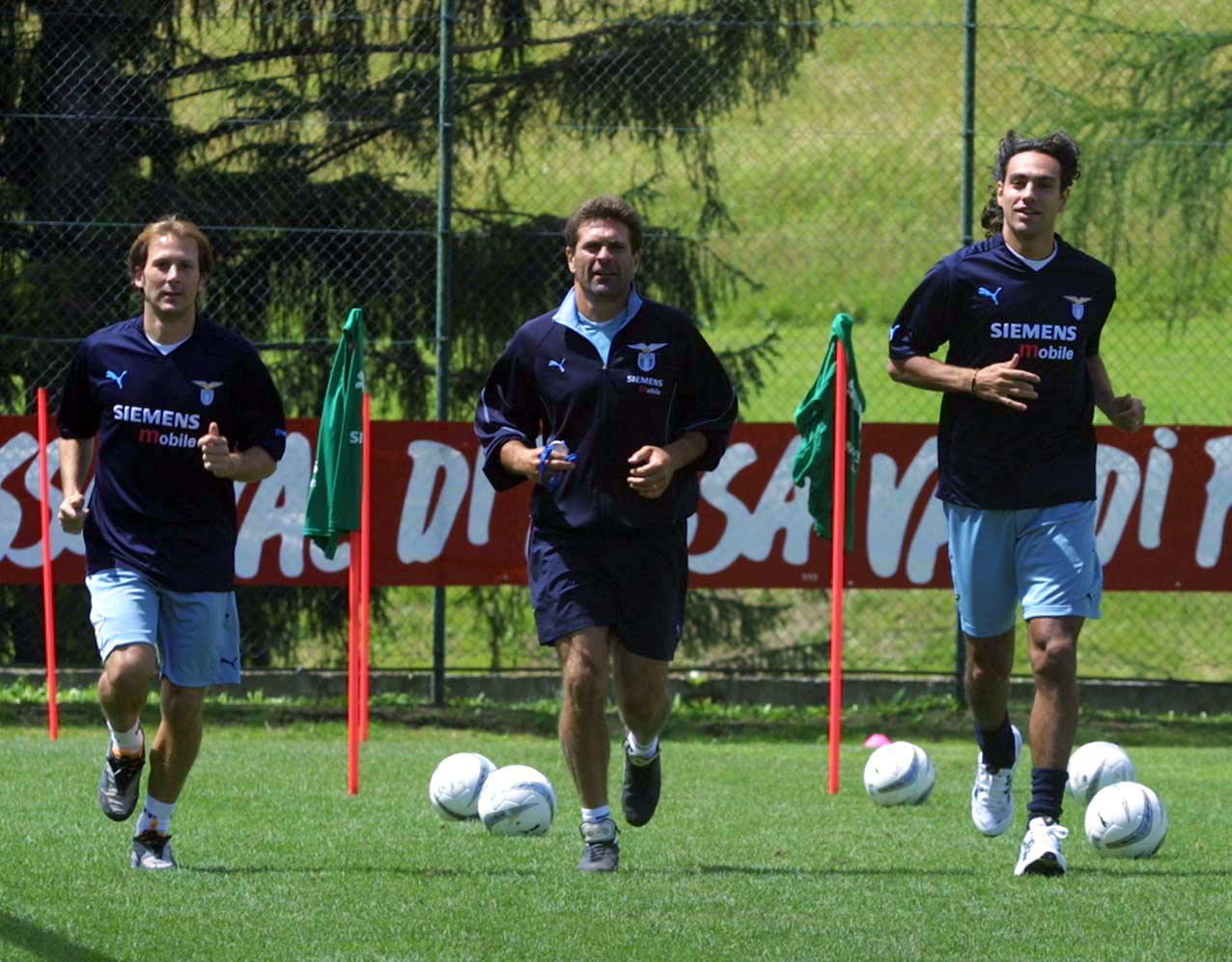 TURIN - 19 JULY: Alessandro Nesta and Gaizka Mendieta of Lazio during the first day of pre-season training for Lazio in Vigo Di Fassa, Turin, Italy on July 19, 2002. (Photo by Grazia Neri/Getty Images)