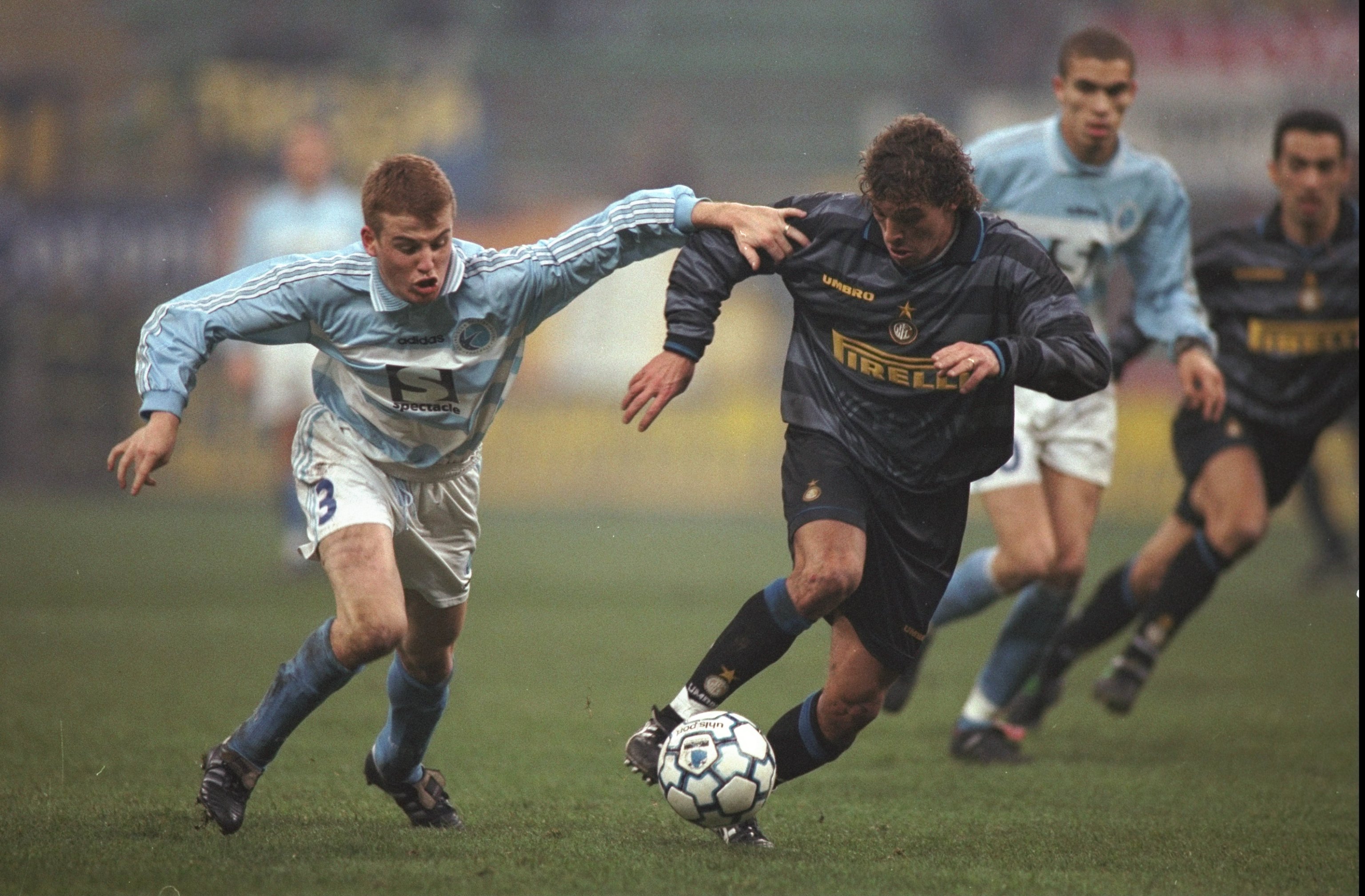 8 Dec 1997: Francesco Moriero of Inter Milan goes past Yannick Rott of Strasbourg during the UEFA Cup third round second leg match at the Giuseppe Meazza Stadium in Milan, Italy. Inter won 3-0. Mandatory Credit: Shaun Botterill /Allsport