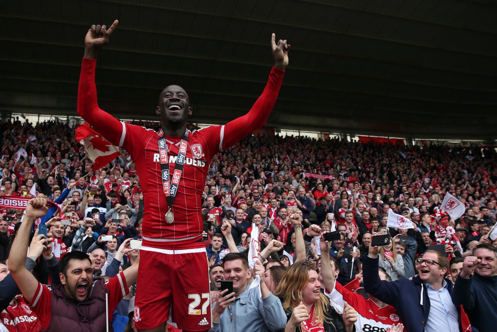 MIDDLESBROUGH, ENGLAND - MAY 07: Albert Adomah of Middlesbrough celebrates following the Sky Bet Championship match between Middlesbrough and Brighton and Hove Albion at the Riverside Stadium on May 7, 2016 in Middlesbrough, England. (Photo by Chris Brunskill/Getty Images)