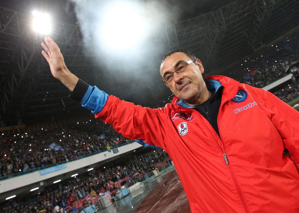 Napoli's Italian coach Maurizio Sarri greets fans at the end of the Italian Serie A football match SSC Napoli vs Frosinone Calcio on May 14 2016 at the San Paolo stadium in Naples. Napoli won the match 4-0. / AFP / CARLO HERMANN (Photo credit should read CARLO HERMANN/AFP/Getty Images)