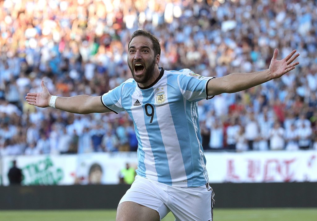 FOXBORO, MA - JUNE 18: Gonzalo Higuain #9 of Argentina celebrates his goal during the 2016 Copa America Centenario quarterfinal match against Venezuela at Gillette Stadium on June 18, 2016 in Foxboro, Massachusetts. (Photo by Jim Rogash/Getty Images)