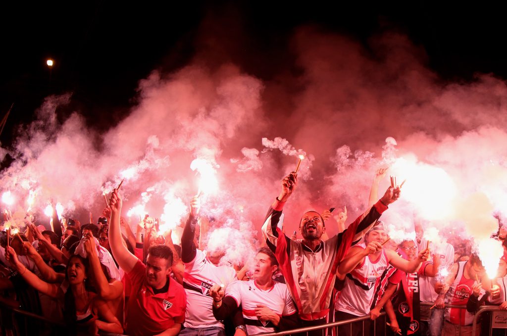 SAO PAULO, BRAZIL - JULY 06: A general view of police during the team arrival in fron of the stadium before semifinal first leg match of Copa Bridgestone Libertadores between Sao Paulo and Atletico Nacional at Morumbi Stadium on July 6, 2016 in Sao Paulo, Brazil. (Photo by Friedemann Vogel/Getty Images)