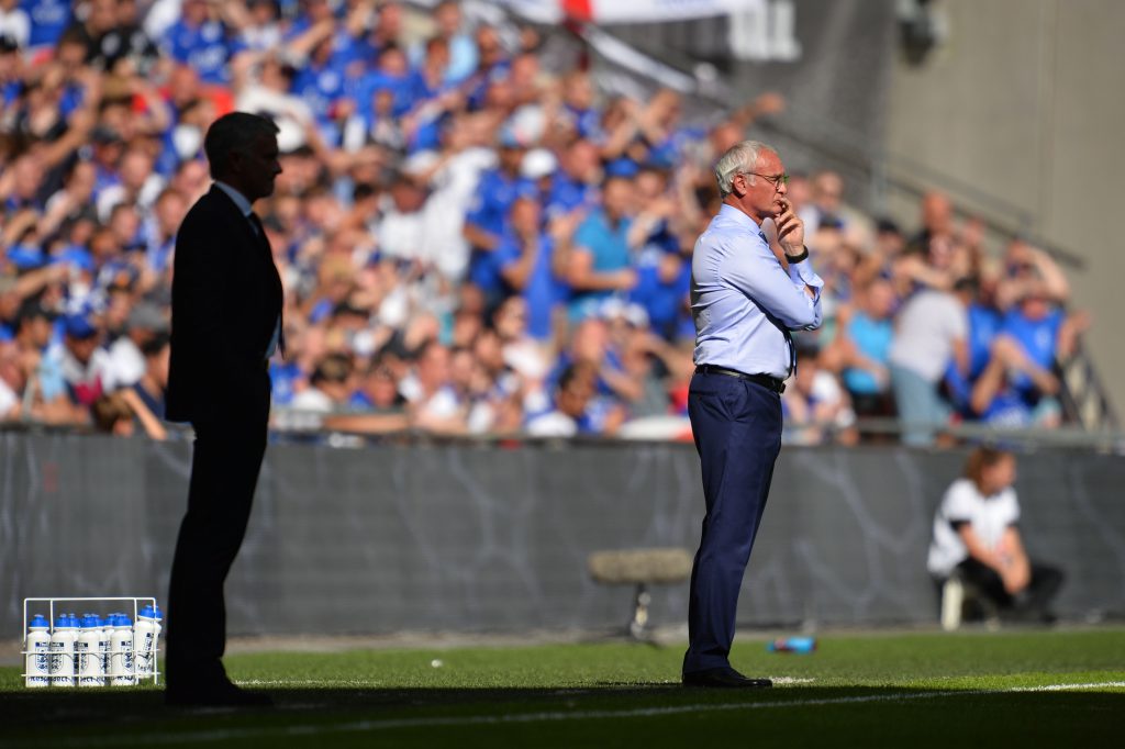 Leicester City's Italian manager Claudio Ranieri (R) watches from the touchline with Manchester United's Portuguese manager Jose Mourinho (L) during the FA Community Shield football match between Manchester United and Leicester City at Wembley Stadium in London on August 7, 2016. / AFP / GLYN KIRK / NOT FOR MARKETING OR ADVERTISING USE / RESTRICTED TO EDITORIAL USE (Photo credit should read GLYN KIRK/AFP/Getty Images)