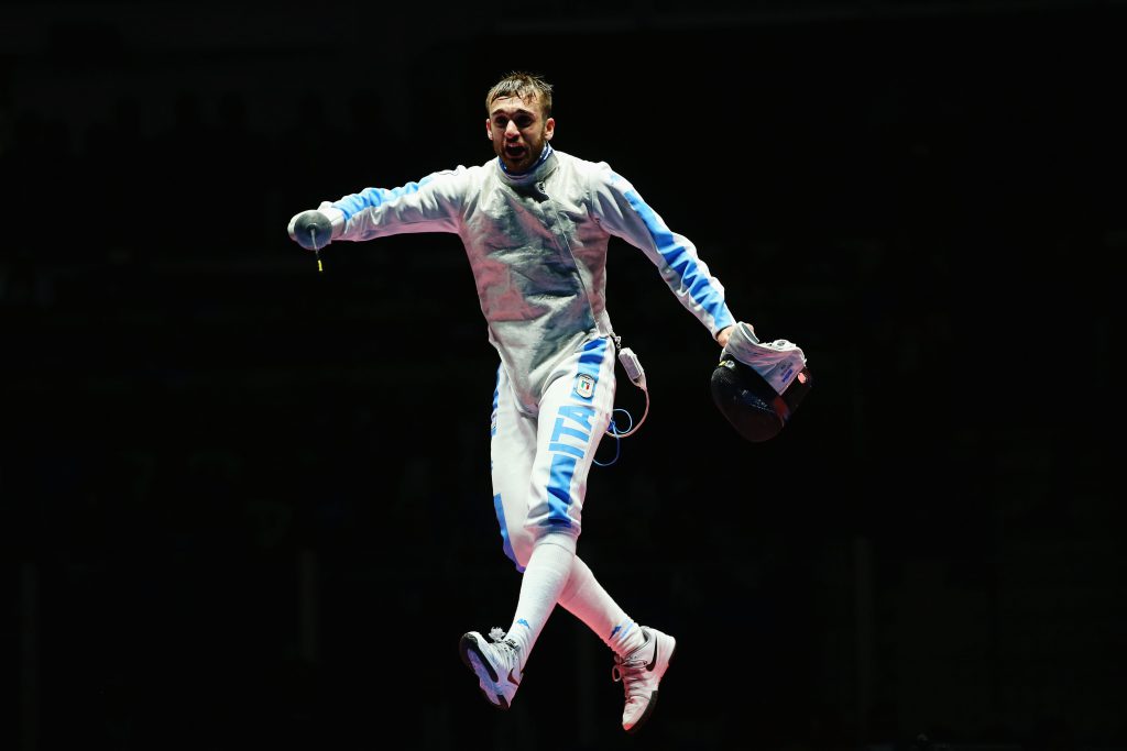 RIO DE JANEIRO, BRAZIL - AUGUST 07: Daniele Garozzo of Italy celebrates victory over Alexander Massialas of the United States during Men's Individual Foil Final on Day 2 of the Rio 2016 Olympic Games at Carioca Arena 3 on August 7, 2016 in Rio de Janeiro, Brazil. (Photo by Alex Livesey/Getty Images)