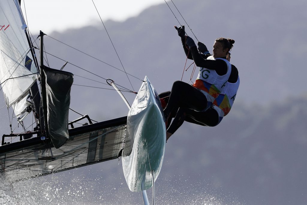 RIO DE JANEIRO, BRAZIL - AUGUST 13: Santiago Lange of Argentina and Cecilia Carranza Saroli of Argentina compete in the Nacra 17 Mixed class on Day 8 of the Rio 2016 Olympic Games at the Marina da Gloria on August 13, 2016 in Rio de Janeiro, Brazil. (Photo by Clive Mason/Getty Images)