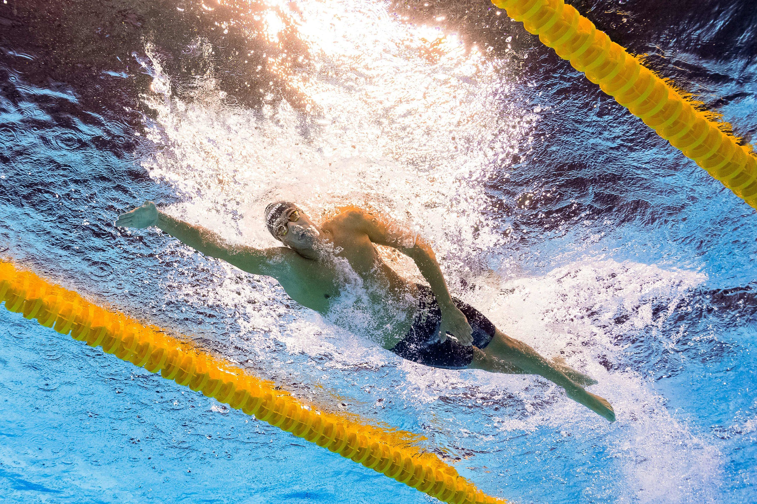 TOPSHOT - Underwater view shows Italy's Gregorio Paltrinieri competing in the Men's swimming 1500m Freestyle Final at the Rio 2016 Olympic Games at the Olympic Aquatics Stadium in Rio de Janeiro on August 13, 2016. / AFP / François-Xavier MARIT (Photo credit should read FRANCOIS-XAVIER MARIT/AFP/Getty Images)