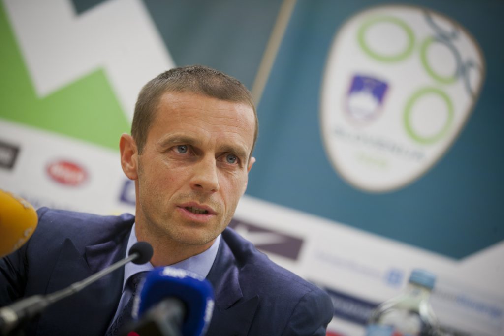 Aleksander Ceferin, president of Slovenian Football Association speaks during press conference held by Slovenian Football Association to present new head coach of Slovenian Football Team at Brdo near Kranj on October 24, 2011. Slavisa Stojanovic was chosen as a new head coach of the Slovenian Football Team. AFP PHOTO/Jure Makovec (Photo credit should read Jure Makovec/AFP/Getty Images)