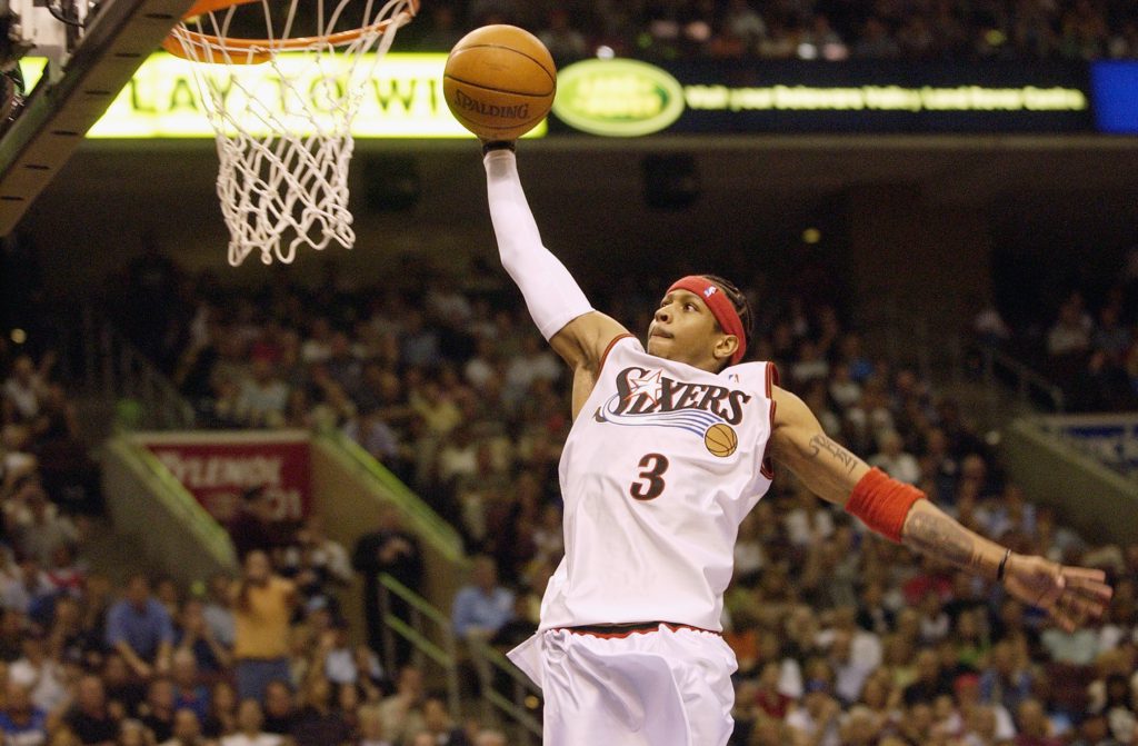 PHILADELPHIA - MAY 11: Allen Iverson #3 of the Philadelphia 76ers goes up for a slam dunk in Game four of the Eastern Conference Semifinals during the 2003 NBA Playoffs against the Detroit Pistons on May 11,2003 at the First Union Center in Philadelphia, Pennsylvania. The 76ers won 95-82. NOTE TO USER: User expressly acknowledges and agrees that, by downloading and/or using this Photograph, User is consenting to the terms and conditions of the Getty Images License Agreement. (Photo by Ezra Shaw/Getty Images)