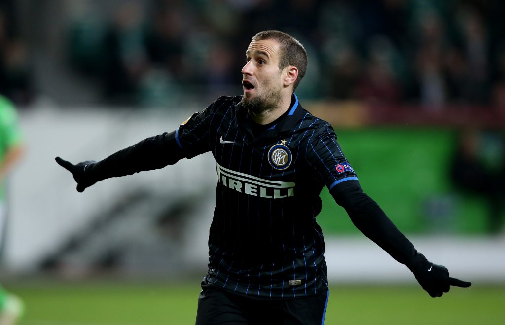 Inter Milan's Argentinan forward Rodrigo Palacio celebrates after scoring his team's opening goal during the UEFA Europa League first-leg, Round of 16 football match VfL Wolfsburg vs FC Internazionale Milano in Wolfsburg, northern Germany on March 12, 2015. AFP PHOTO / RONNY HARTMANN (Photo credit should read RONNY HARTMANN/AFP/Getty Images)