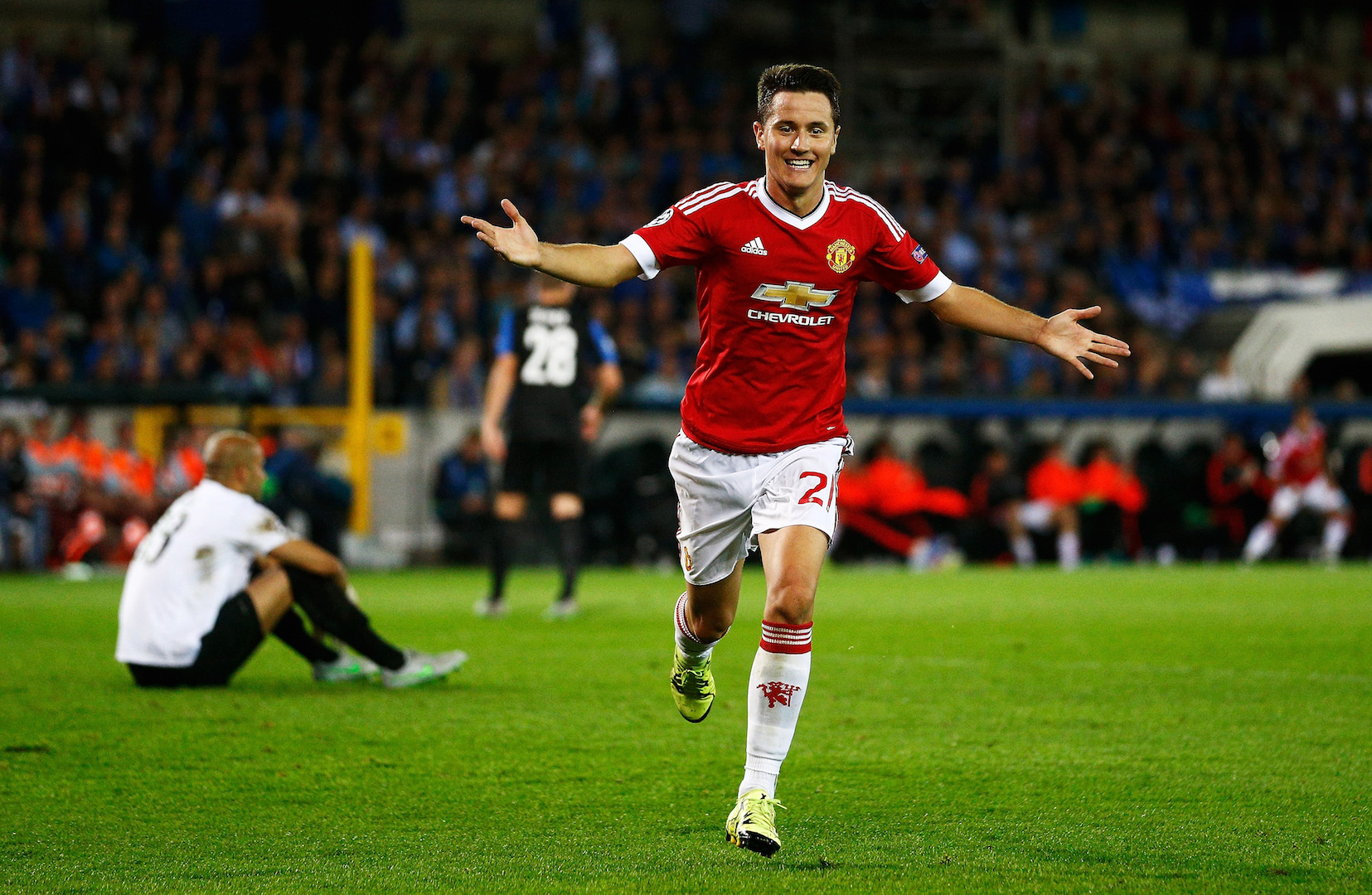 BRUGGE, BELGIUM - AUGUST 26: Ander Herrera of Manchester United celebrates scoring his team's fourth goal during the UEFA Champions League qualifying round play off 2nd leg match between Club Brugge and Manchester United held at Jan Breydel Stadium on August 26, 2015 in Brugge, Belgium. (Photo by Dean Mouhtaropoulos/Getty Images)