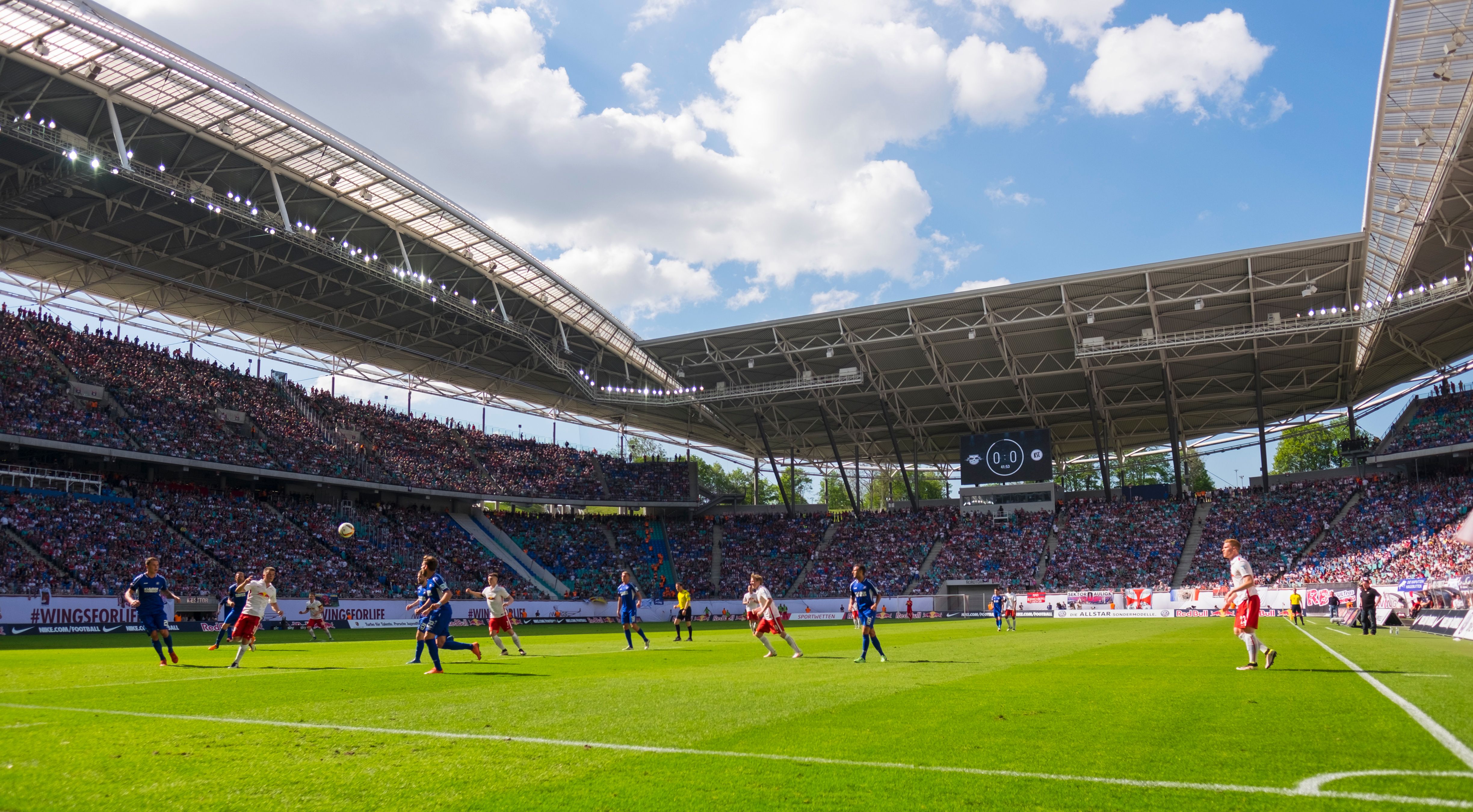 A general view of the Red Bull Arena football stadium during the German second division Bundesliga football match between RB Leipzig and Karlsruher SC in Leipzig, eastern Germany, on May 8, 2016. Leipzig won the match 2-0 and will be promoted to the first division Bundesliga next season. / AFP / Robert MICHAEL (Photo credit should read ROBERT MICHAEL/AFP/Getty Images)