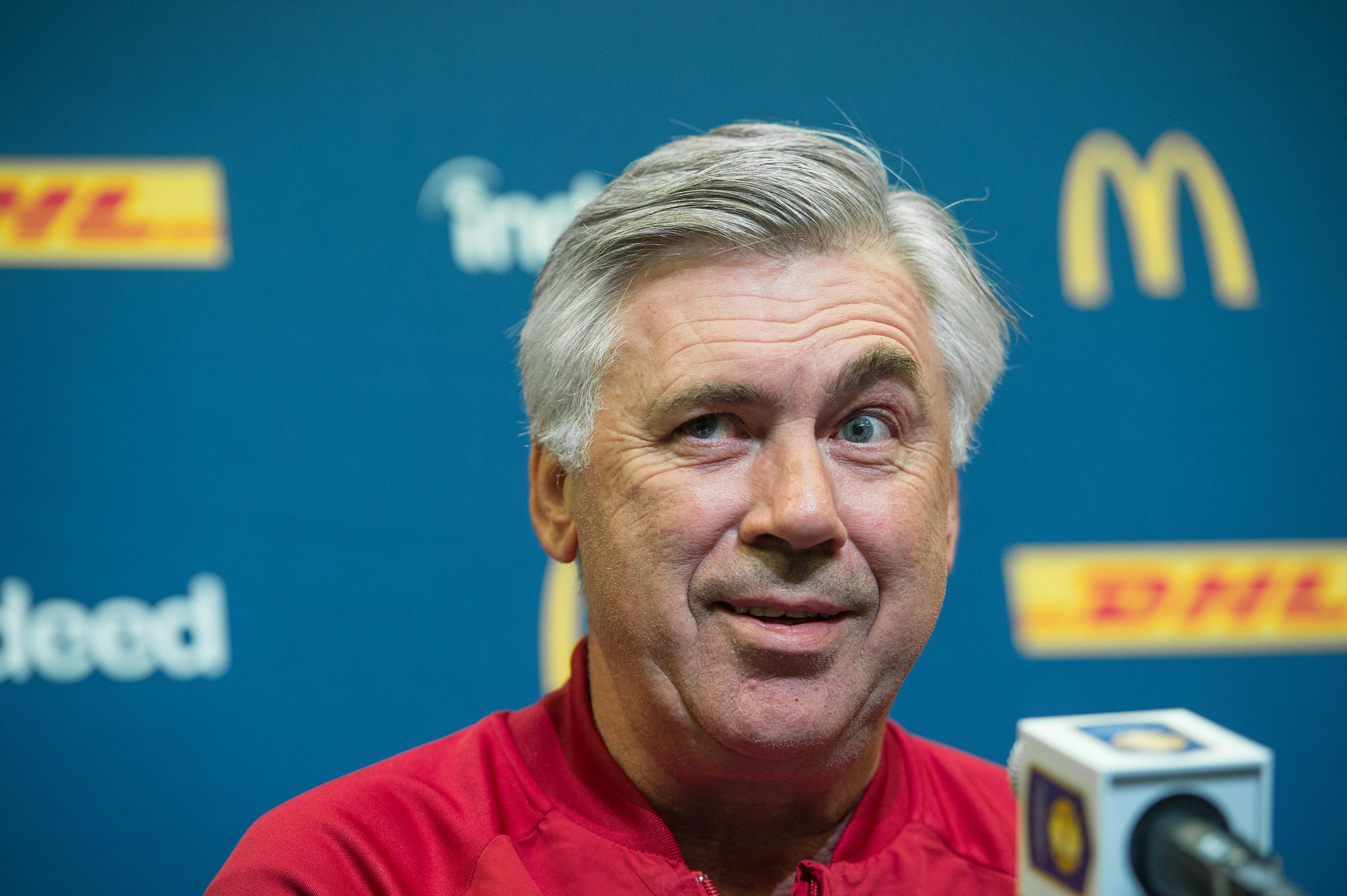 Bayern Munich's new coach Carlo Ancelotti holds a press conference in Charlotte, North Carolina, on July 29, 2016, on the eve of Bayern's International Champions Cup match against Inter Milan. / AFP / Nicholas Kamm (Photo credit should read NICHOLAS KAMM/AFP/Getty Images)